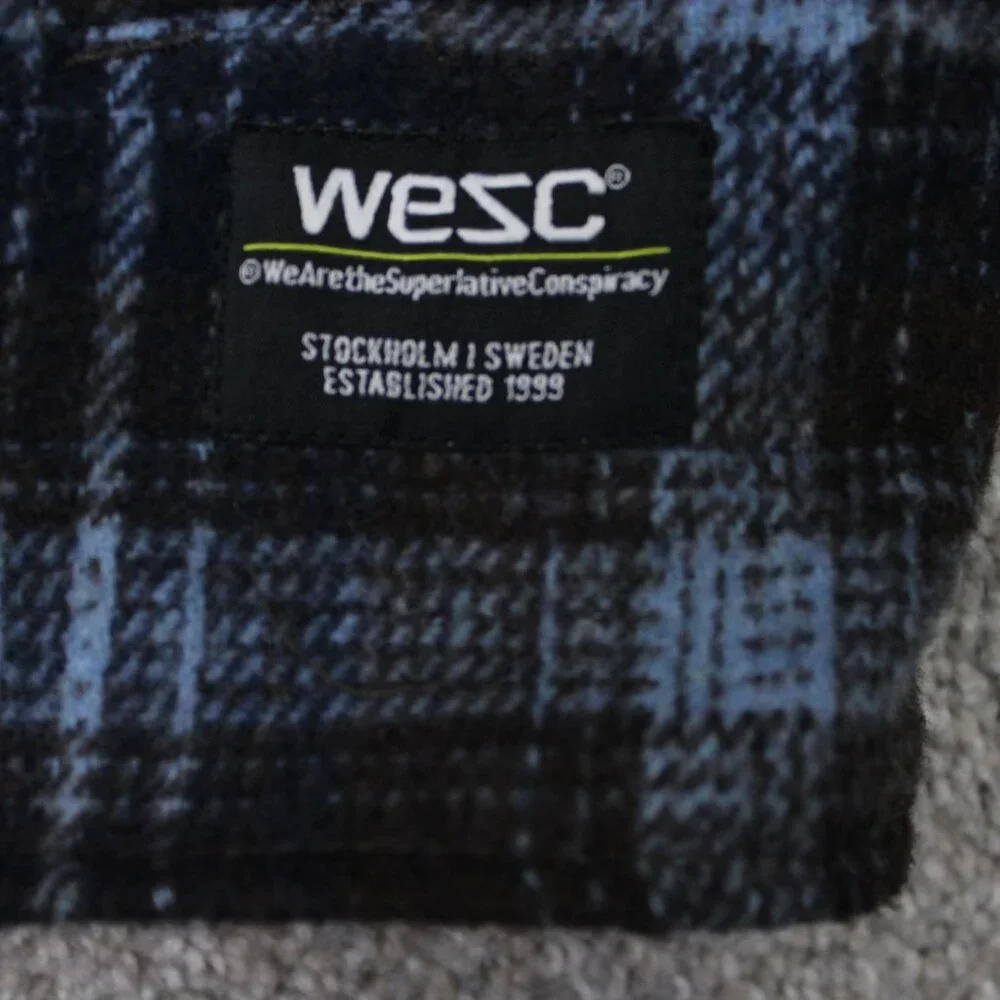 WeSC Flannel Shirt Jacket Mens 2XL Womens 3XL Blue/Brown Plaid Lined L/S Button - Picture 7 of 13